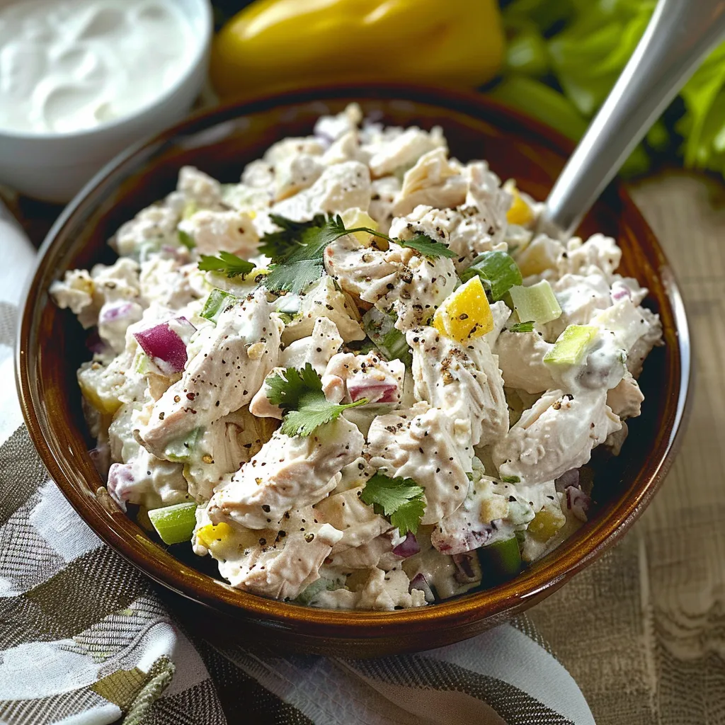 A bowl of chicken salad with a spoon in it.