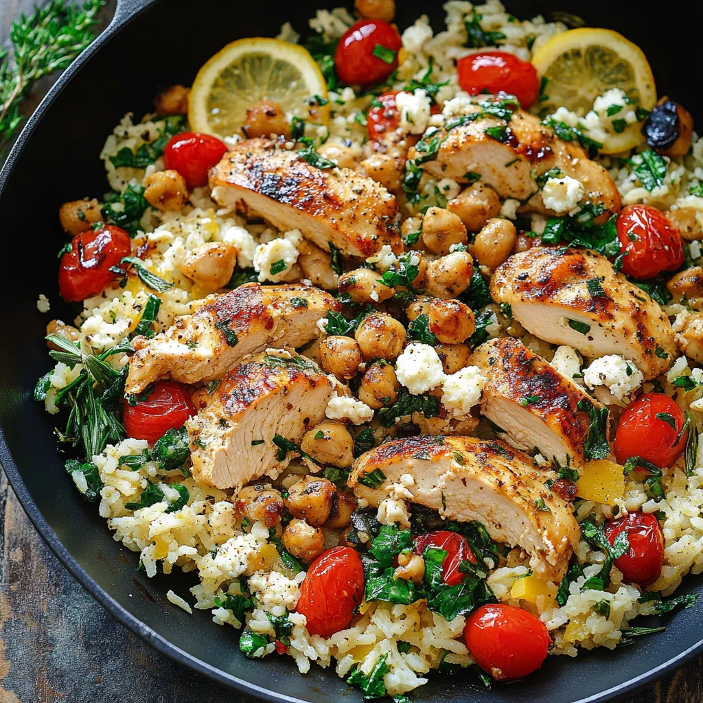 A delicious meal of rice, chicken, tomatoes, and lemon.