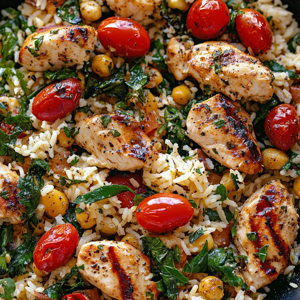 A delicious meal of rice, tomatoes, and chicken.