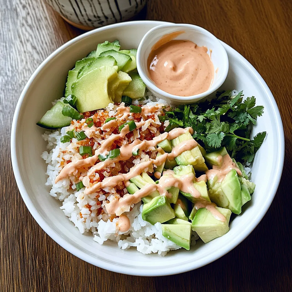 A delicious rice bowl featuring avocado, crab, and sauces on a wooden table.