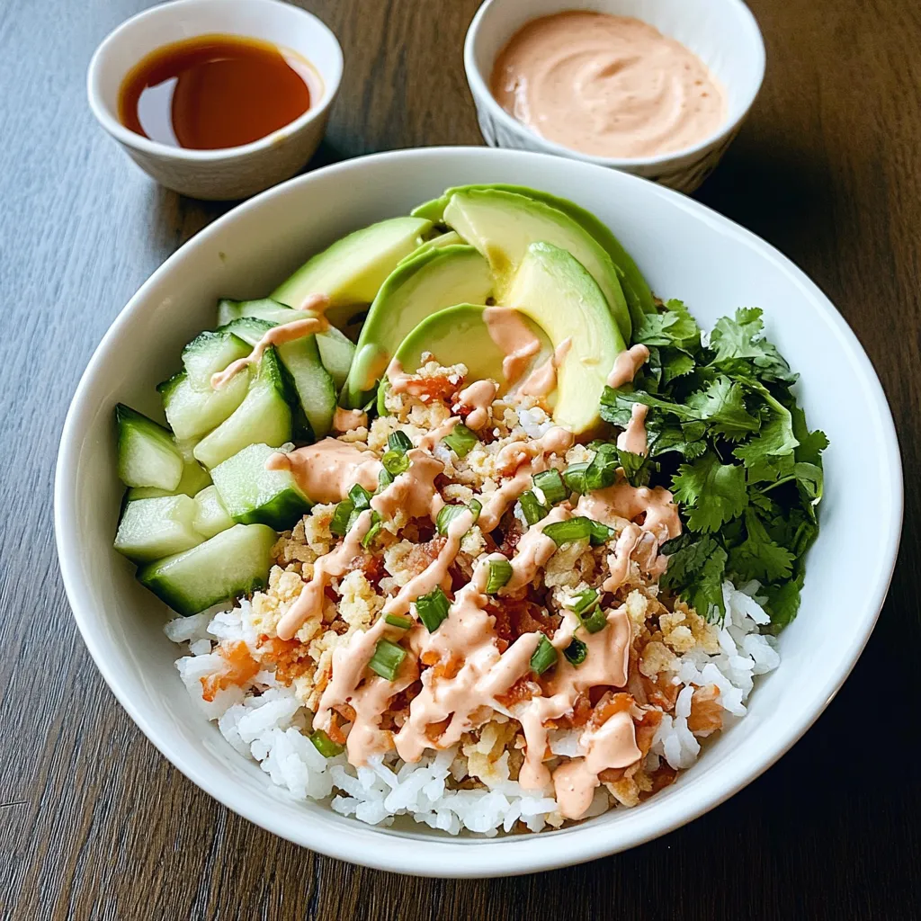 A bowl of food with rice, vegetables, and sauce.