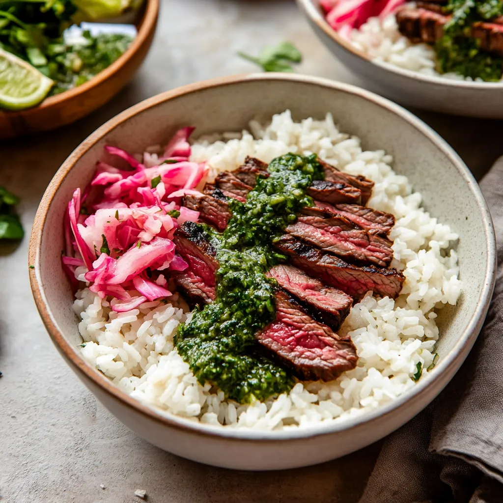 A hearty rice bowl topped with meat and sauce.