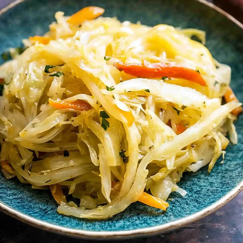 A plate of food with a variety of vegetables, including carrots and cabbage, is displayed on a table.