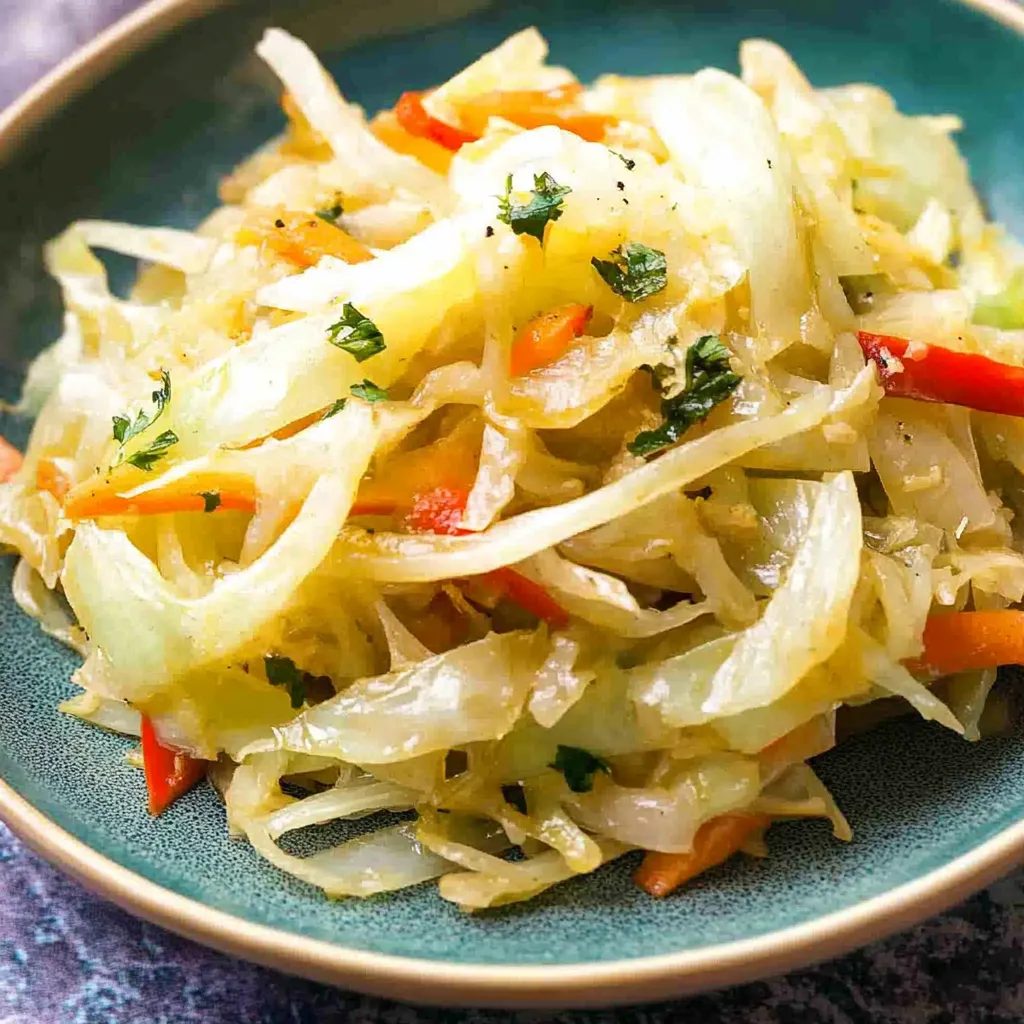 A plate of food with a variety of vegetables, including cabbage and carrots, is displayed on a table.