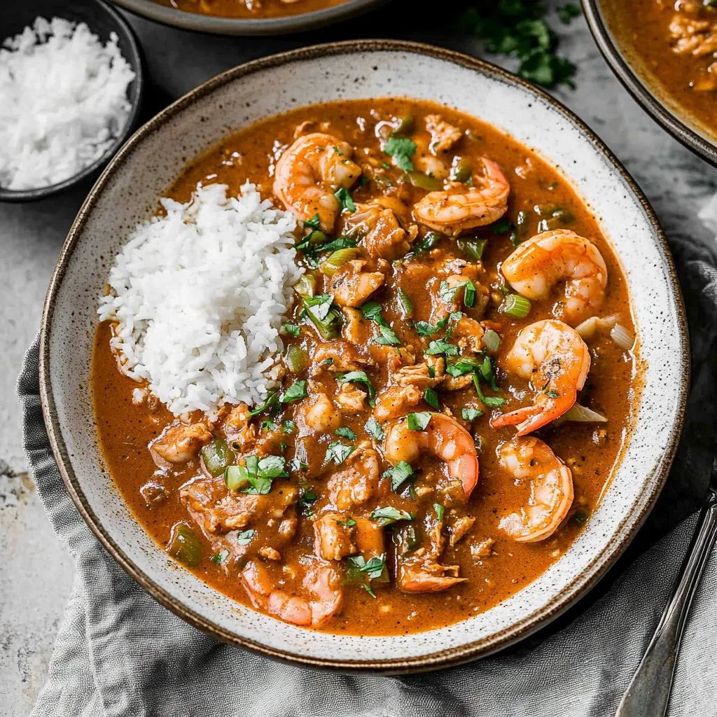 A comforting bowl of rice topped with crawfish in a sauce; spoon to the side.