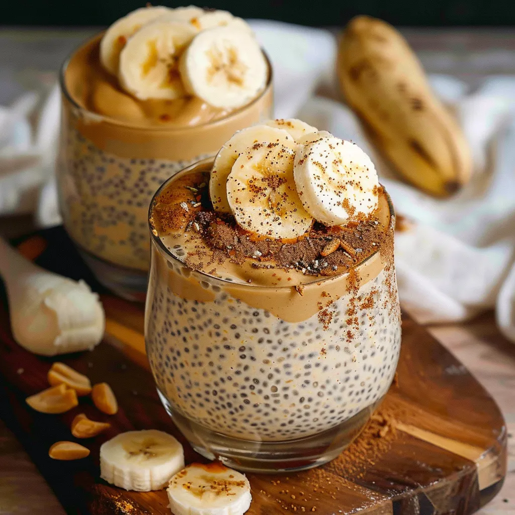 Two cups of creamy pudding layered with bananas and nuts sitting on a wooden surface.