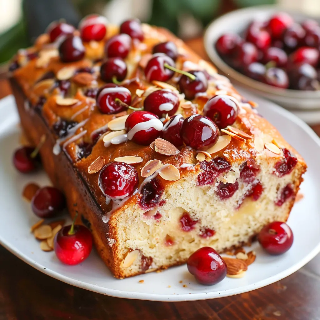 Freshly baked loaf topped with cherries and ready to be served.