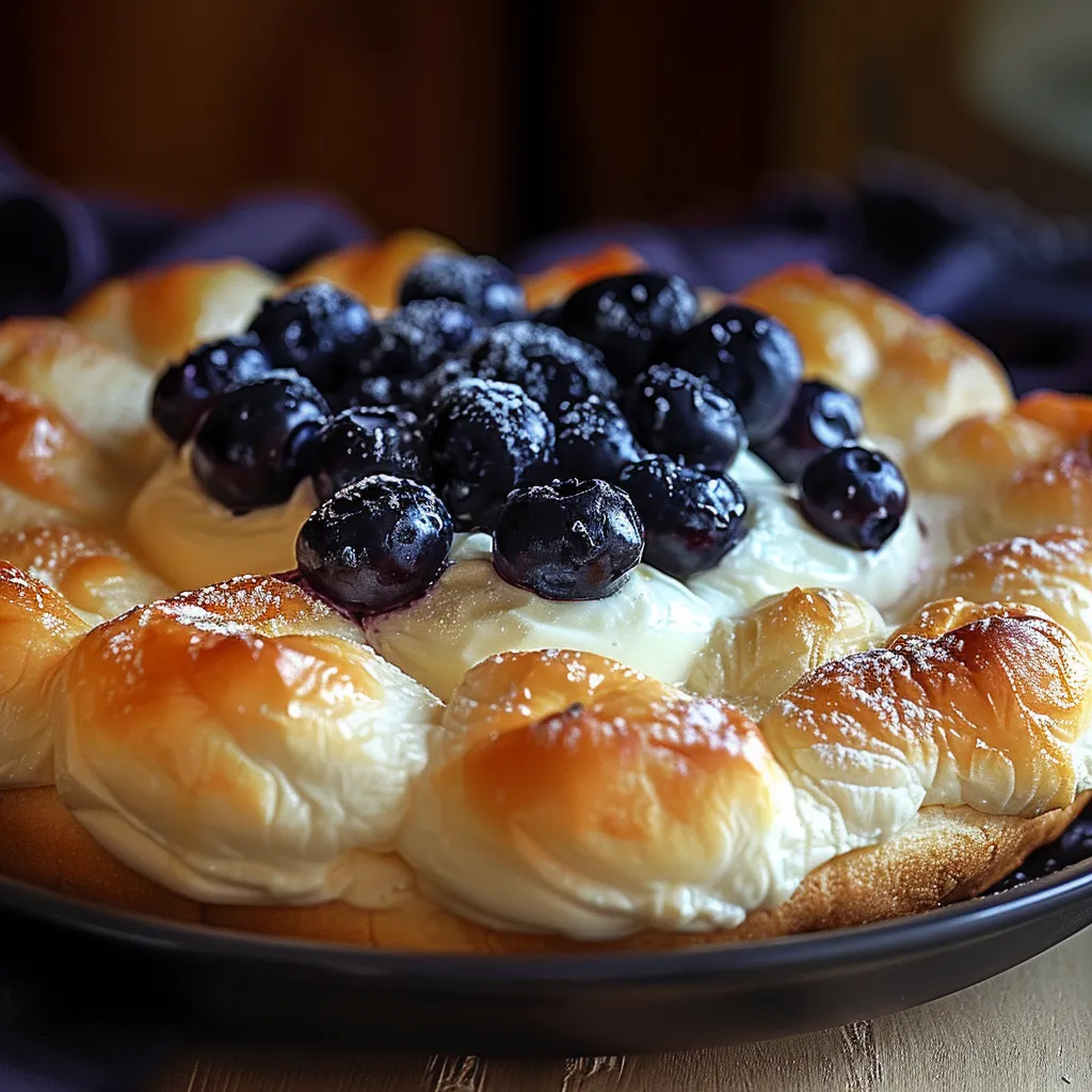 A scrumptious treat topped with fresh blueberries and whipped cream.