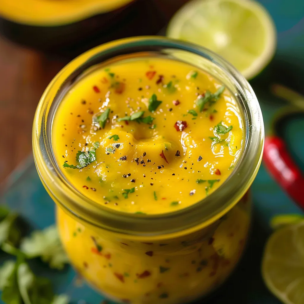 A jar of golden mango dressing surrounded by limes and red chilies.