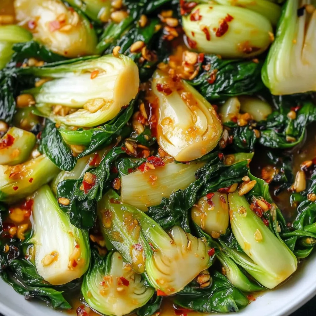 A mix of stir-fried bok choy and broccoli coated in sauce.