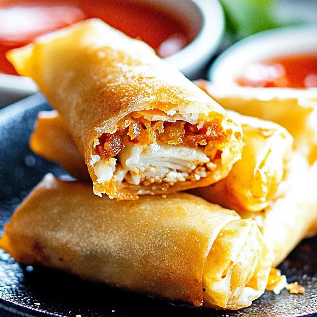 A plate filled with golden spring rolls and a dipping bowl on the side.