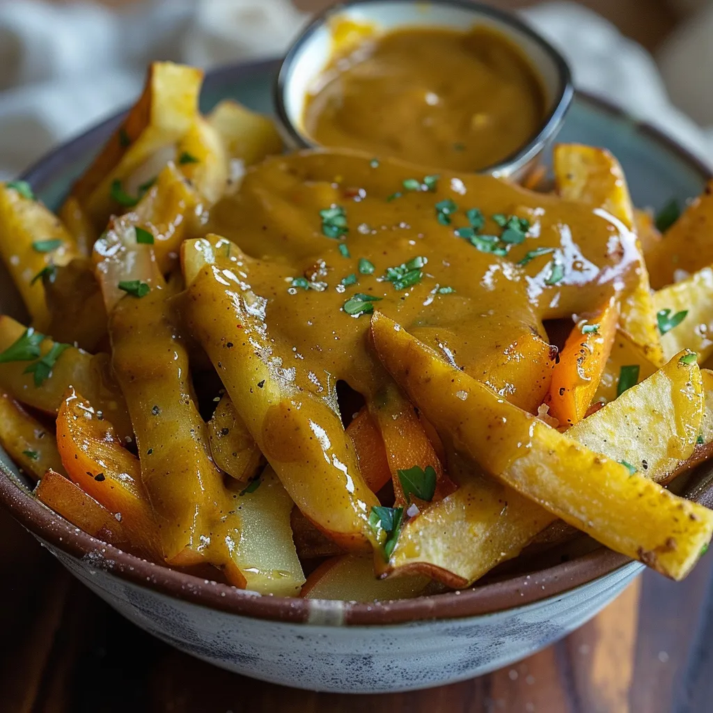 A bowl of fries topped with rich brown curry sauce.