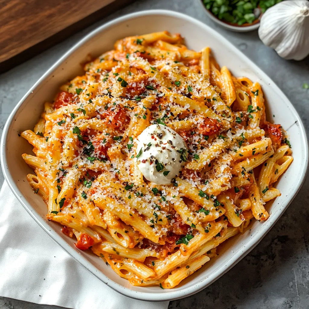 A serving of pasta in a creamy tomato sauce.