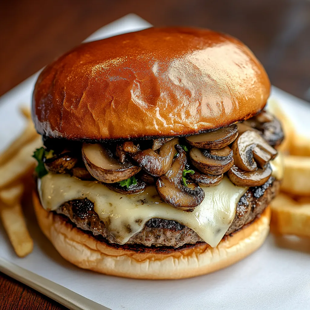 A cheeseburger with sautéed mushrooms on a bun.