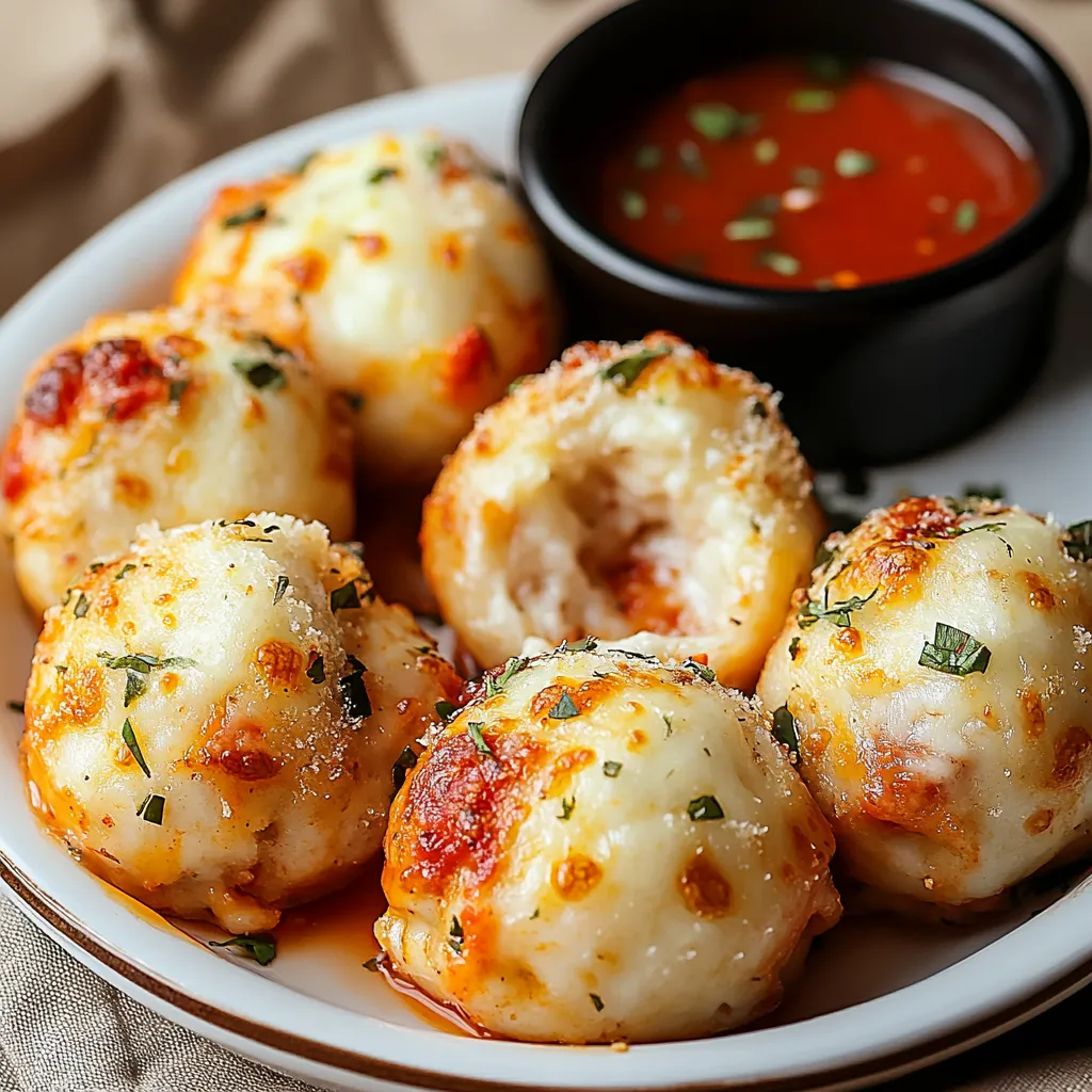 A plate full of cheesy pizza bites served with dip sauce.