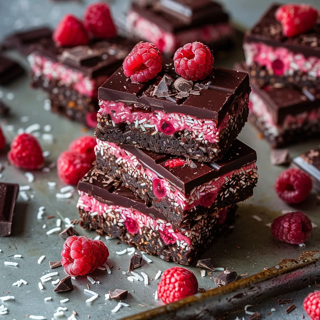 Close-up of a chocolate dessert topped with raspberries.