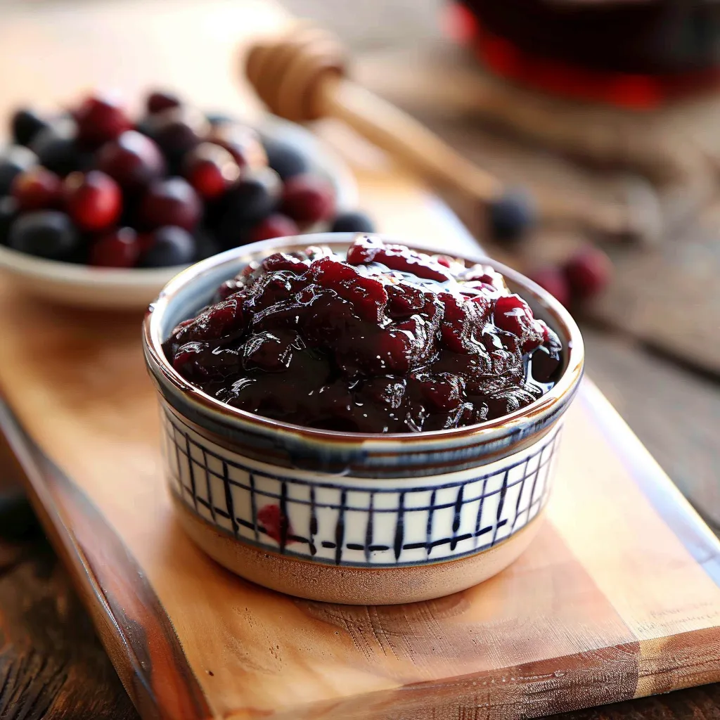 A bowl of sweet berry sauce with a spoon.