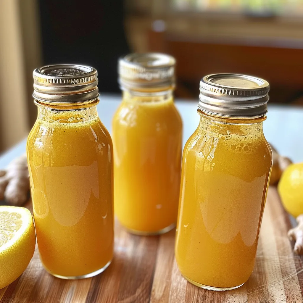 Three glass jars with orange liquid resting on a table.