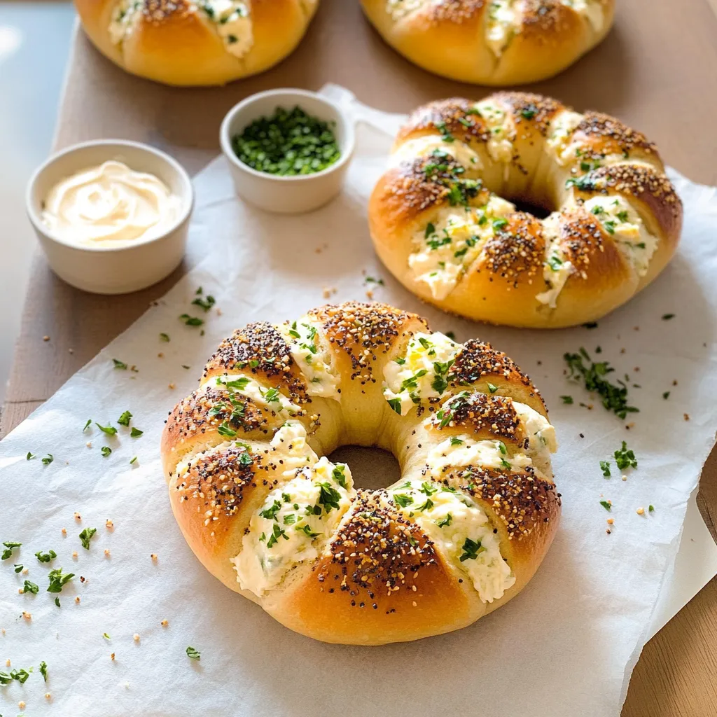 A close-up of a garlic butter-coated bagel on a plate next to seasoning.