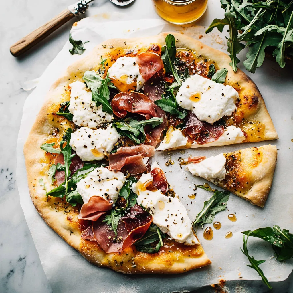 A delicious pizza topped with burrata and prosciutto sitting on parchment paper.