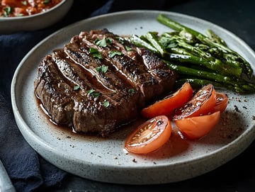 A grilled steak garnished with herbs, accompanied by roasted tomatoes and asparagus, is plated elegantly on a light speckled dish.