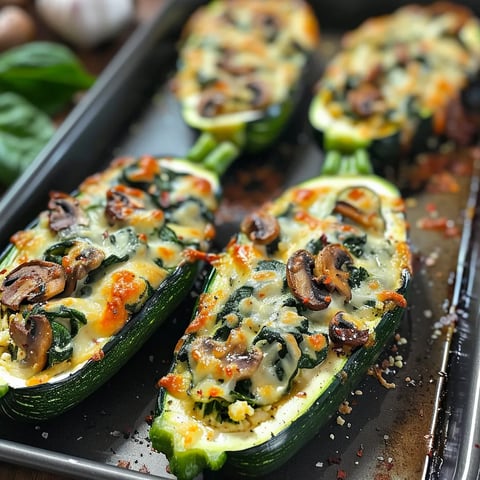 Juicy stuffed zucchini topped with rich ricotta, a bright and delicious meal.