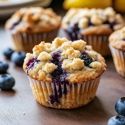 A muffin filled with blueberries and topped with streusel crumbs.