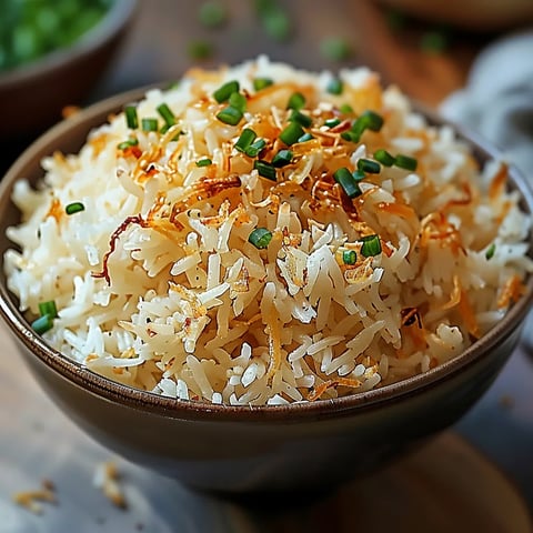 A serving of fluffy jasmine rice topped with fresh green onions.