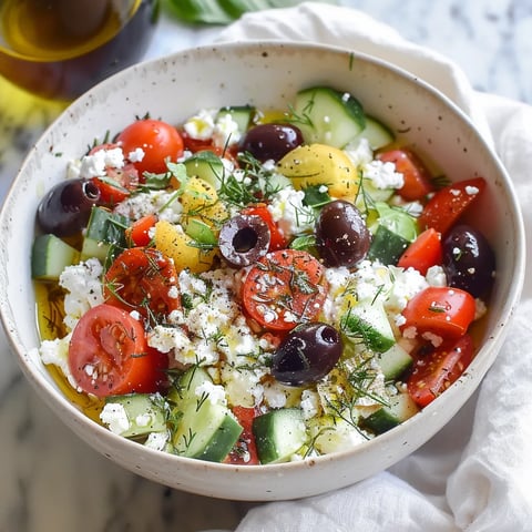 A bowl loaded with cucumbers, tomatoes, olives, and cottage cheese.