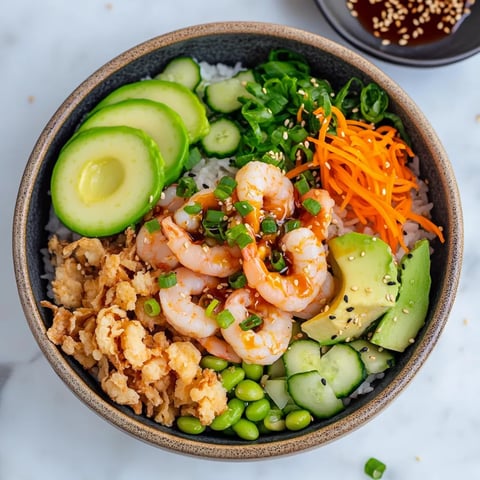 A bright, colorful bowl with shrimp and veggies, ready to eat.