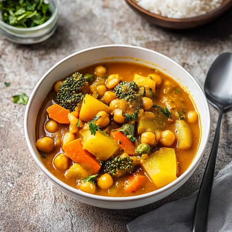 A vibrant bowl of curry served with fresh vegetables and steamed rice.