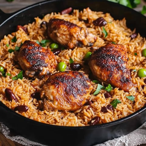 A mouthwatering plate of chicken and rice paired with peas and kidney beans.