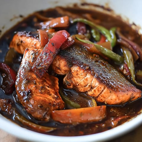 A plate featuring salmon and veggies in a flavorful sauce.