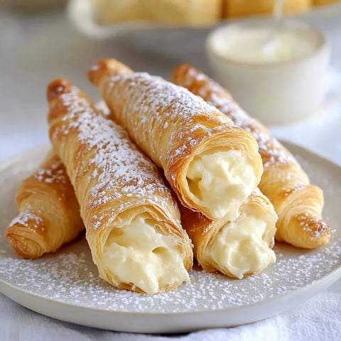 A plate featuring three flaky pastries dusted with powdered sugar.