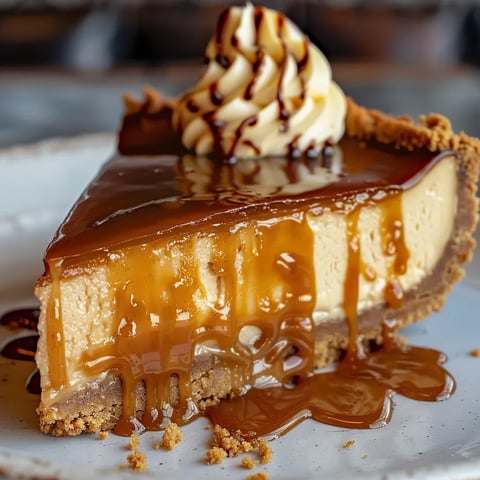 A luscious slice of cheesecake topped with streams of caramel sauce.