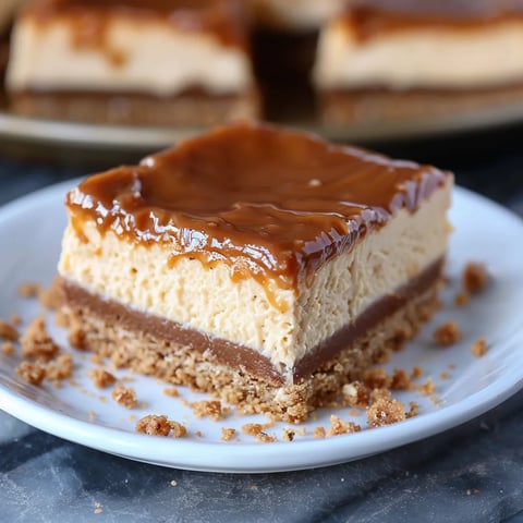 A dessert bar topped with caramel on a white plate.