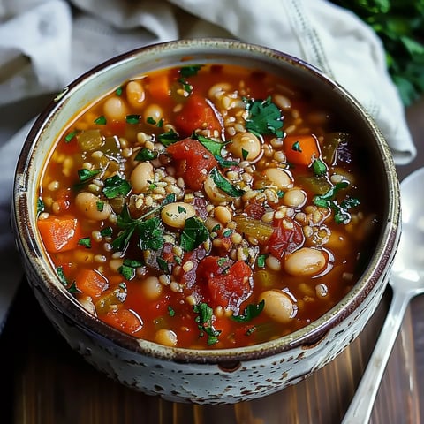 A hearty soup bowl filled with white beans, carrots, and rich broth.