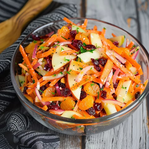 A bowl filled with fresh veggies and fruits like carrots and apples on a tabletop.